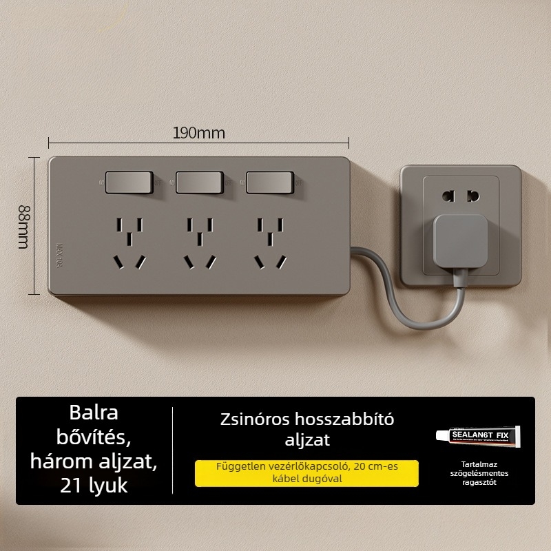 86-típusú felületre szerelt hosszabbító jelképfénnyel, több aljzattal, bekötés nélkül, egyesével kapcsolható aljzatok