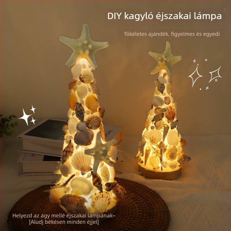 Kagyló és tengeri csillag karácsonyfa éjjeli fény — kézzel készített DIY készlet, dekoratív dísz, ajándék barátnőnek