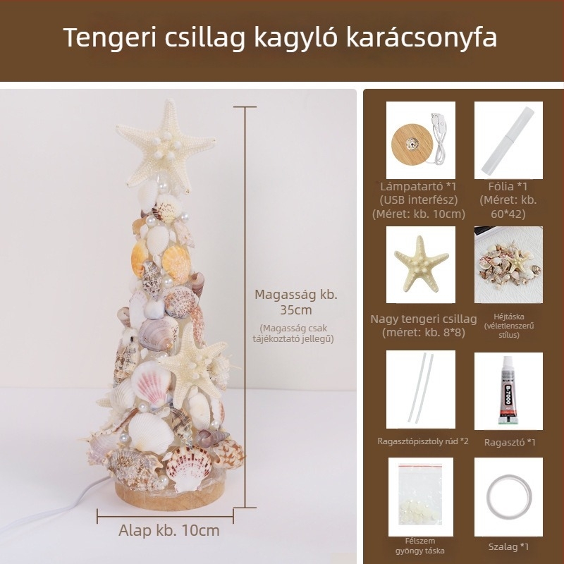 Kagyló és tengeri csillag karácsonyfa éjjeli fény — kézzel készített DIY készlet, dekoratív dísz, ajándék barátnőnek
