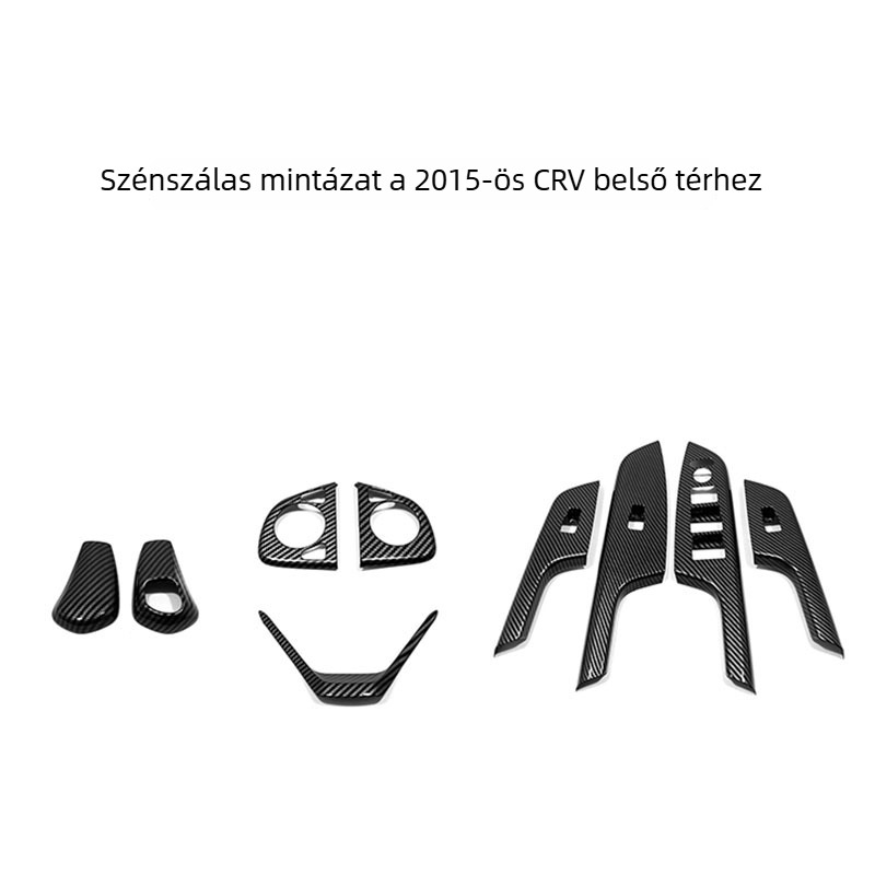 Szénszálas textúrájú belső díszítés Honda CR-V 2015-höz: váltókar sapka, üveg kapcsolópanel és kormánykerékre illesztett dísz.
