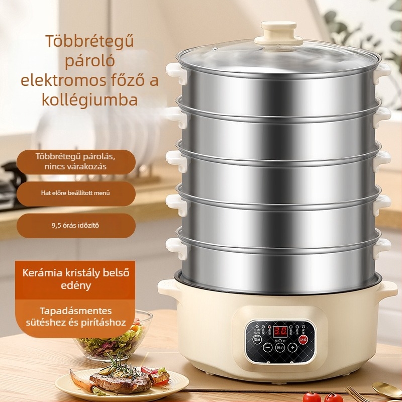 Otthoni használatra szánt többfunkciós elektromos gőzölő, nagy kapacitású, háromszintes kialakítás, időzítő és intelligens párolás.