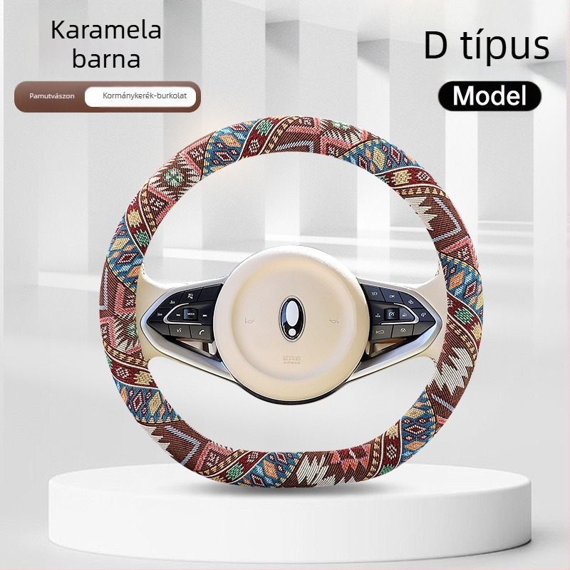 Pamut- és lenanyagú virágos etnikus stílusú kormánykerék huzat minden évszakra, univerzális illeszkedés, kézzel varrt, 38 cm átmérő.