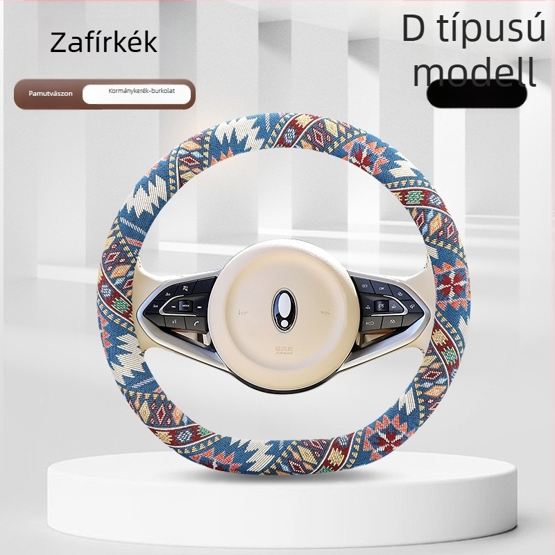 Pamut- és lenanyagú virágos etnikus stílusú kormánykerék huzat minden évszakra, univerzális illeszkedés, kézzel varrt, 38 cm átmérő.