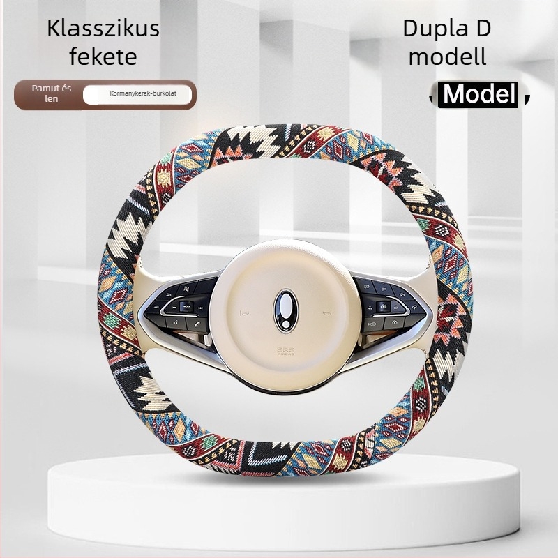 Pamut- és lenanyagú virágos etnikus stílusú kormánykerék huzat minden évszakra, univerzális illeszkedés, kézzel varrt, 38 cm átmérő.