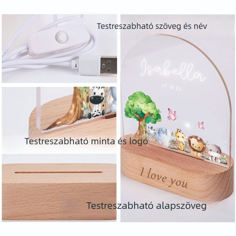 Rajzfilmszerű gyerekeknek szánt éjszakai lámpa állat/állatöv dizájnal, 18×15 cm, konnektoros tápegységgel, DIY díszítés, születésnapi ajándék