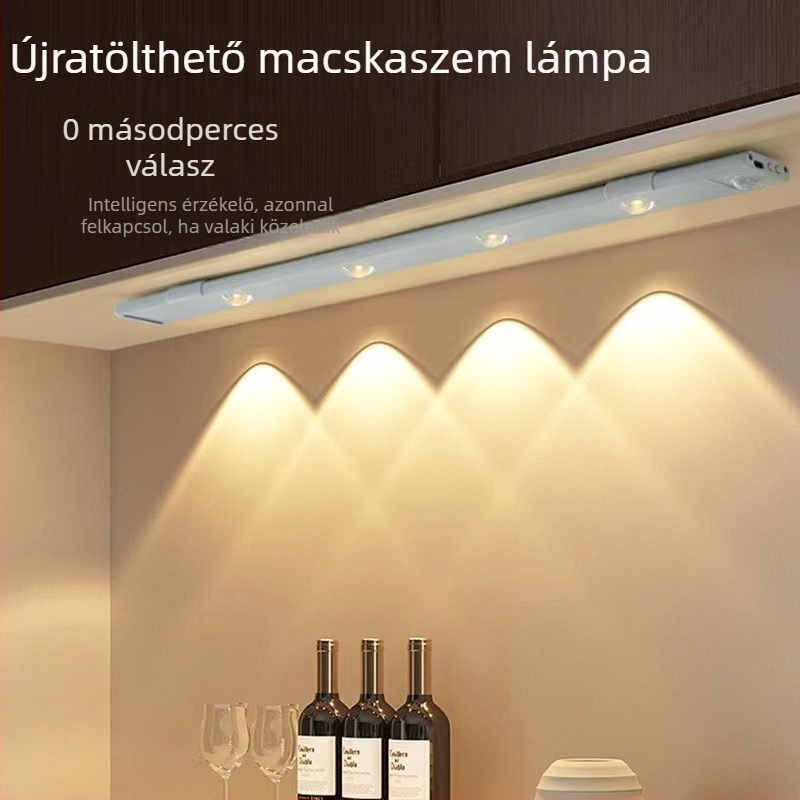Mozgásérzékelős lámpa, ultra vékony, macskaszem alakú fénycsík, újratölthető, öntapadós gardrób- és szekrényfény