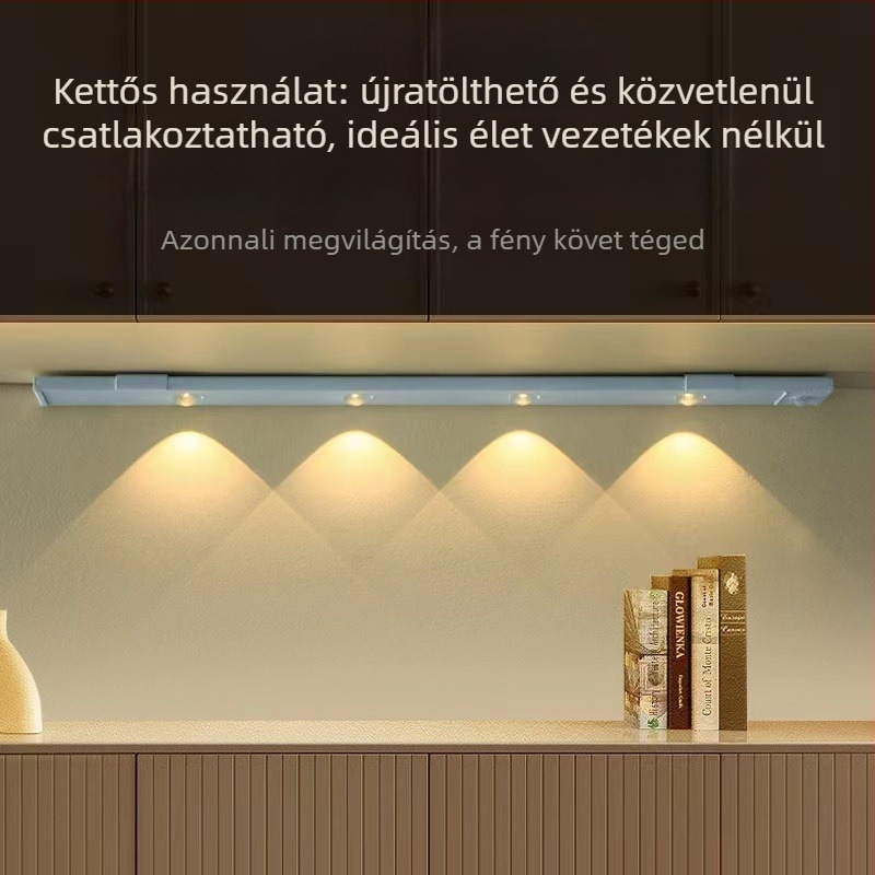 Mozgásérzékelős lámpa, ultra vékony, macskaszem alakú fénycsík, újratölthető, öntapadós gardrób- és szekrényfény