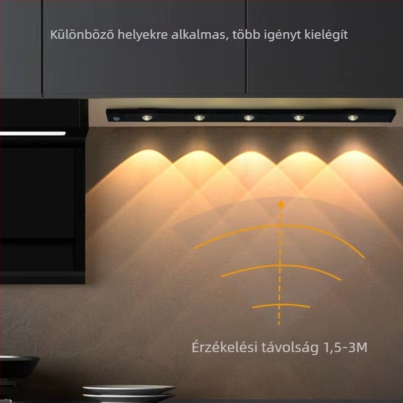 Mozgásérzékelős lámpa, ultra vékony, macskaszem alakú fénycsík, újratölthető, öntapadós gardrób- és szekrényfény