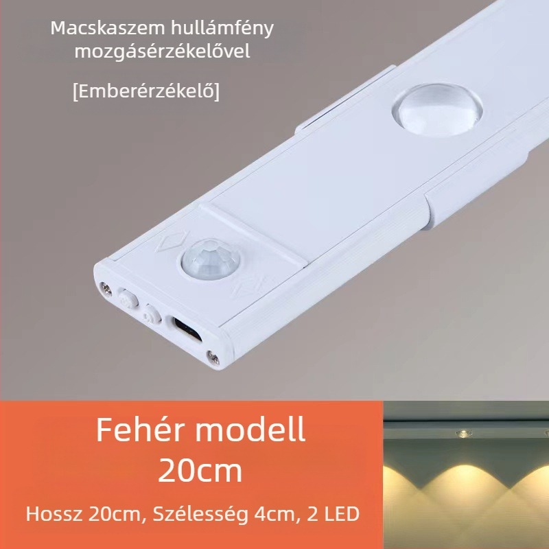 Mozgásérzékelős lámpa, ultra vékony, macskaszem alakú fénycsík, újratölthető, öntapadós gardrób- és szekrényfény