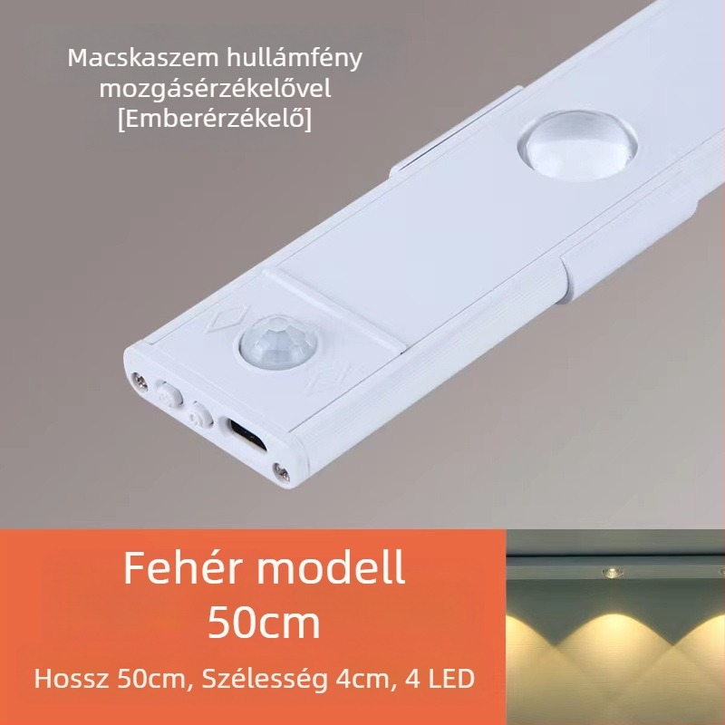Mozgásérzékelős lámpa, ultra vékony, macskaszem alakú fénycsík, újratölthető, öntapadós gardrób- és szekrényfény