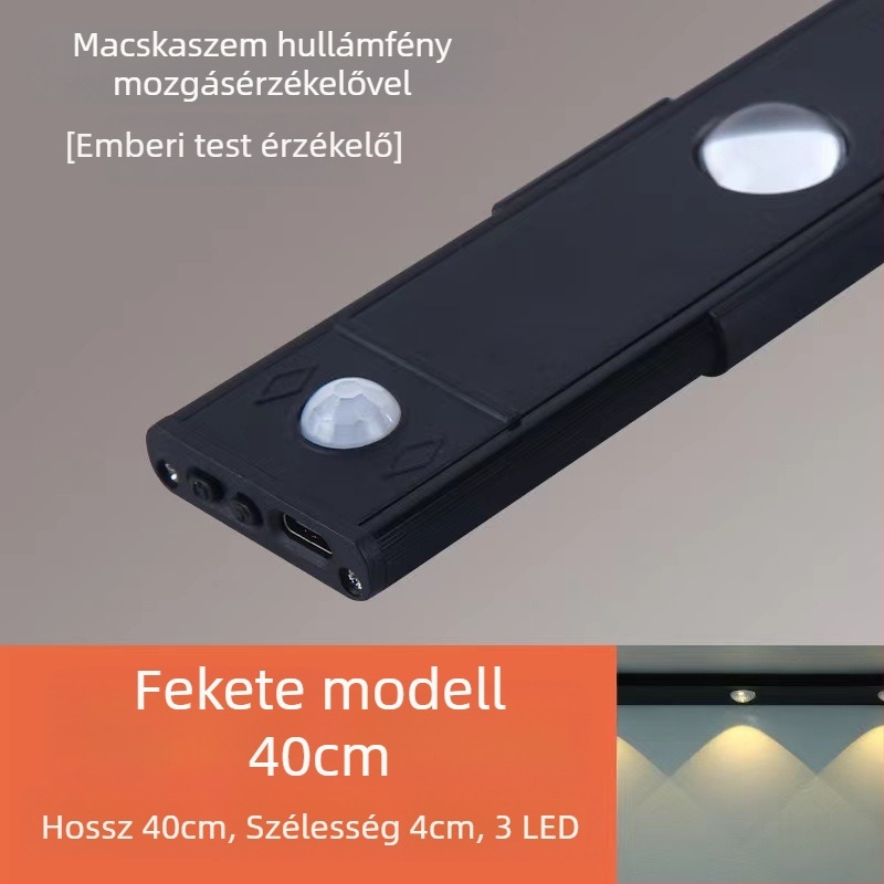 Mozgásérzékelős lámpa, ultra vékony, macskaszem alakú fénycsík, újratölthető, öntapadós gardrób- és szekrényfény