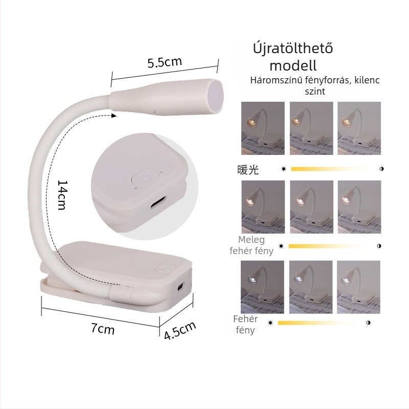 Mini LED-klip lámpa USB-tápellátással, kollégiumi éjjeli asztali lámpa, olvasólámpa könyvklipszel, szemkímélő, hordozható tanulmánylámpa
