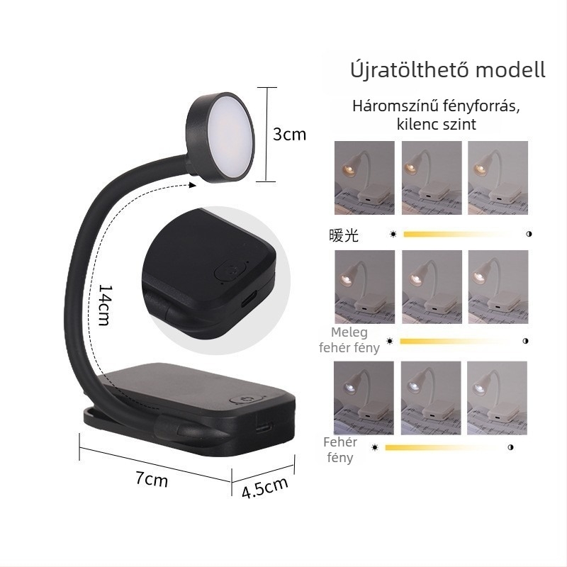 Mini LED-klip lámpa USB-tápellátással, kollégiumi éjjeli asztali lámpa, olvasólámpa könyvklipszel, szemkímélő, hordozható tanulmánylámpa
