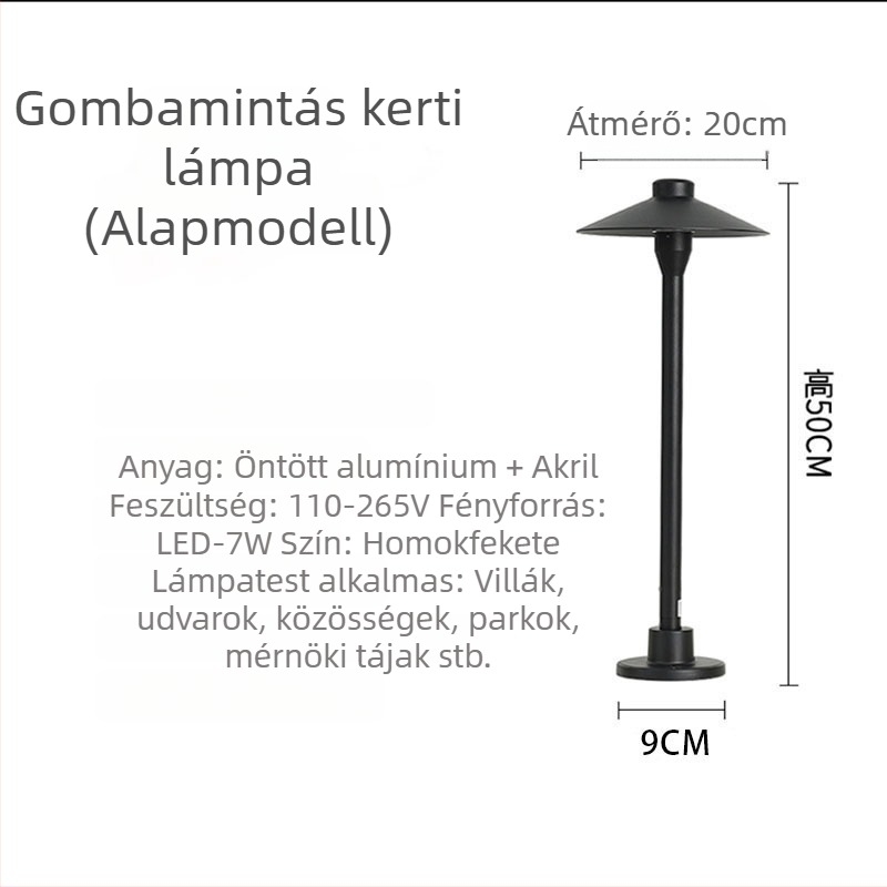 Kültéri LED lámpa, IP65 vízálló, alumínium, gomba alakú kerti világítás udvarra és tájképre, 7W