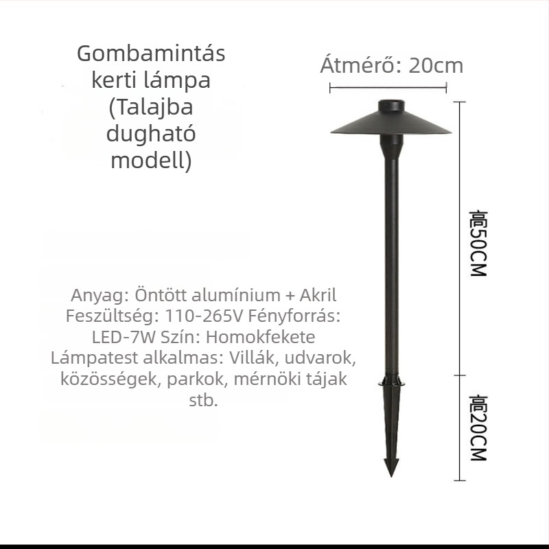 Kültéri LED lámpa, IP65 vízálló, alumínium, gomba alakú kerti világítás udvarra és tájképre, 7W