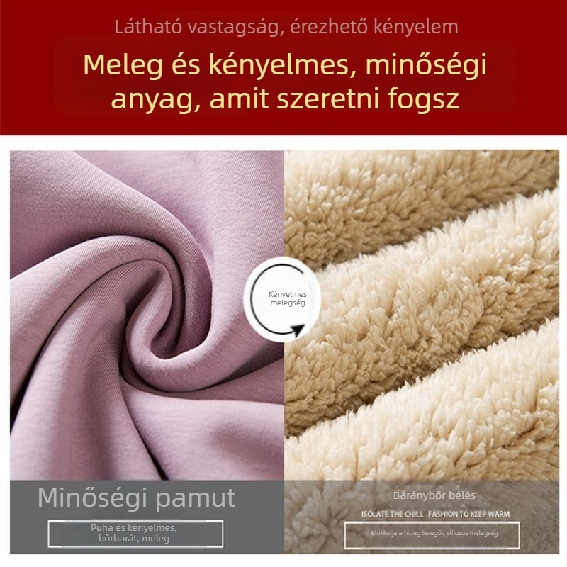 Női téli pulóver műbáránybőr hatású bélésével, lazán szabott, kerek nyakú, meleg, kapucni nélküli