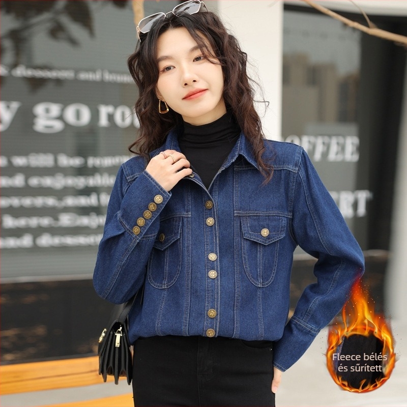 Női denim-ing retró hongkongi stílusban, őszi-téli 2026 kollekció, hosszú rétegezhető felső, puha francia stílus