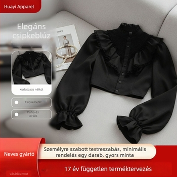 Női csipkés blúz finom francia stílusban, kerek nyak, karcsúsított szabás, hosszú puffos ujjú, egyszínű, rövid fazon