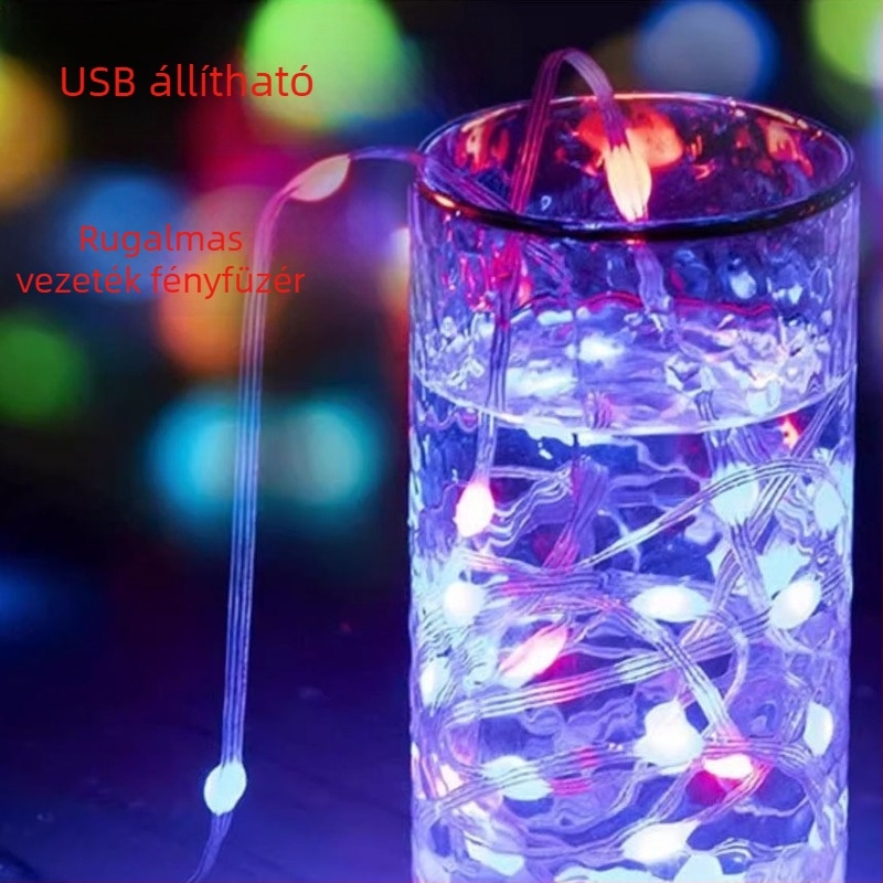 USB-vel működő rézdrót LED-sor, kettőszínű fények, beltéri és kültéri használatra, kemping dekorációhoz, udvar és folyosó.