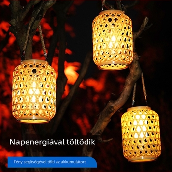 Napelemes kültéri bambusz lámpa kenderzsinórral, hordozható kertvilágítás projekciós lámpával