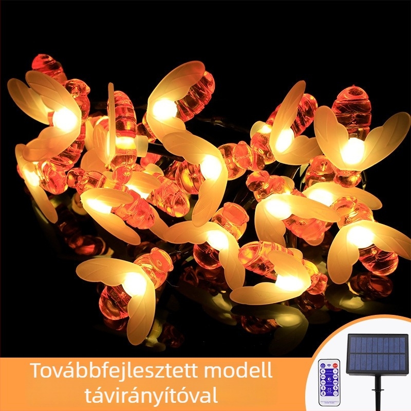 Napelemes kültéri LED soros fénylánc méh alakban, IP44, 22 m, 20 LED, 3500K meleg fehér, kert dekoráció