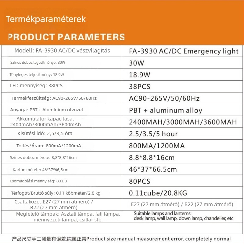 3930 LED vészvilágító izzó E27-es foglalattal, levehető akkumulátorral, 30W, áramszünet idején automatikus világítás