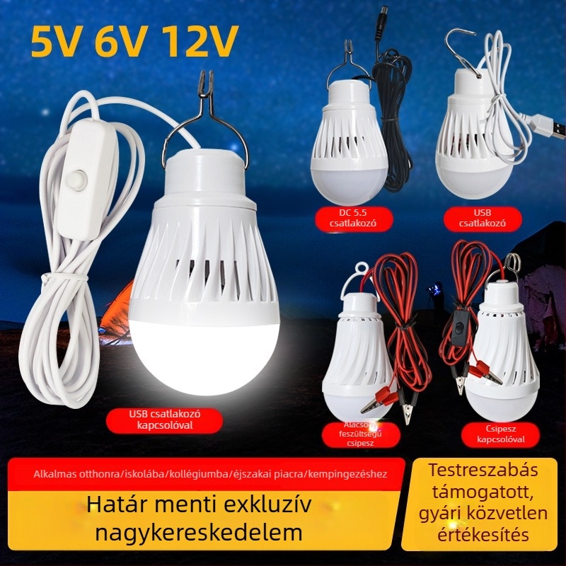 Alacsony feszültségű izzó 5–6/12 V, IP54, 1000 lm, PP ház, 180° fénykör, CRI 70–80, PF 0.65, Ø50–60 mm, élettartam 25 000 óra, otthoni, éjszakai piacra, kempingre és kültéri használatra