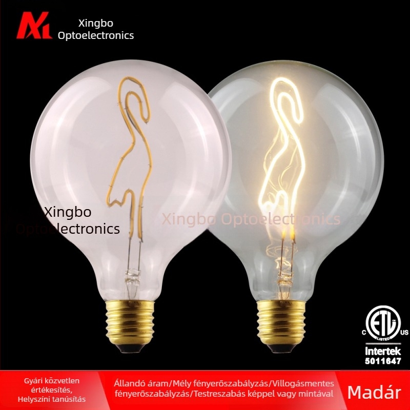 G125 gömblámpa, flamingó alakú lámpa puha filamenttel, 3W retro E27 foglalat, Edison által tanúsított