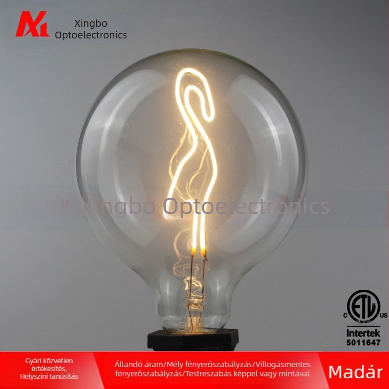 G125 gömblámpa, flamingó alakú lámpa puha filamenttel, 3W retro E27 foglalat, Edison által tanúsított