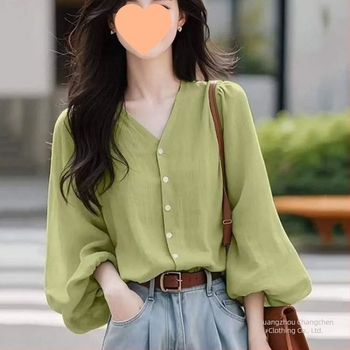 Női hosszú ujjú blúz francia stílusban, chiffon top V-nyakú, új őszi modell