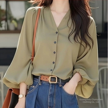 Női hosszú ujjú blúz francia stílusban, chiffon top V-nyakú, új őszi modell