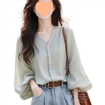 Női hosszú ujjú blúz francia stílusban, chiffon top V-nyakú, új őszi modell