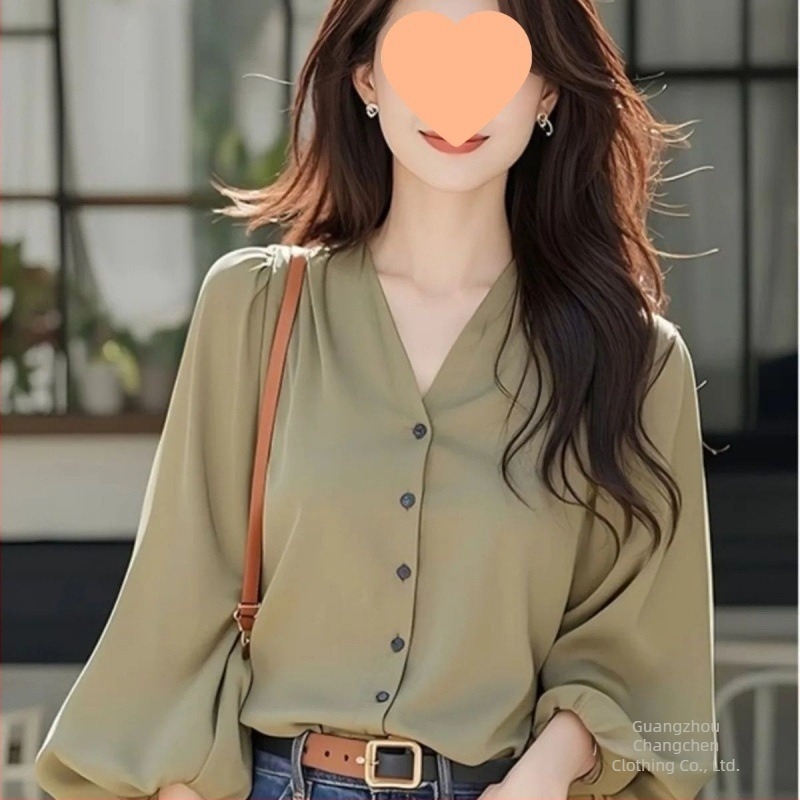 Női hosszú ujjú blúz francia stílusban, chiffon top V-nyakú, új őszi modell