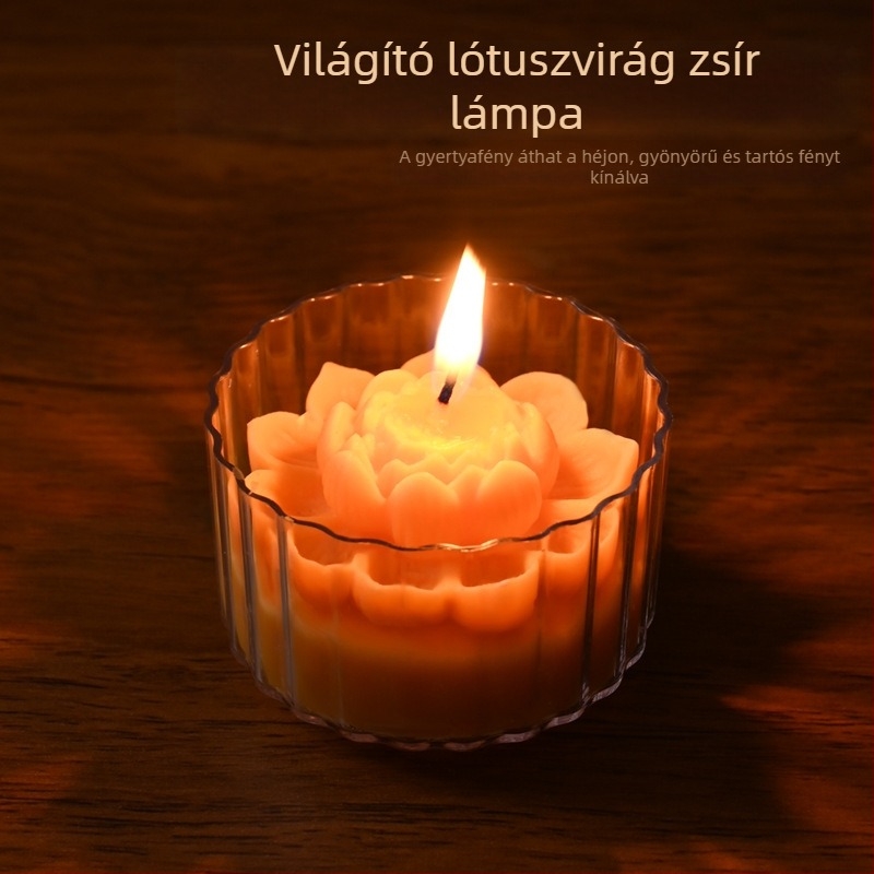 Lótusz formájú gyertya pohárban, növényi ghee-ből készítve, buddhista felajánláshoz, hosszú égésű