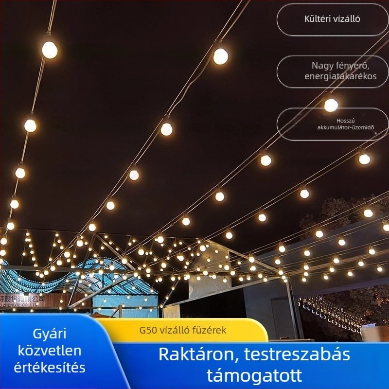 Vízálló G50 gömb alakú LED napelemes fénylánc kültéri dekorációhoz – udvar, utca, kemping