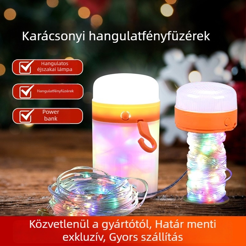 Karácsonyi éjszakai fény díszítő fényfüzérrel, újratölthető kempinglámpa, hordozható hangulatlámpa