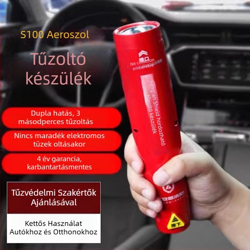 Járműre szerelt vészhelyzeti tűzoltó készülék ablaktörő kalapáccsal és mentőkalapáccsal (aeroszolos tűzoltó)