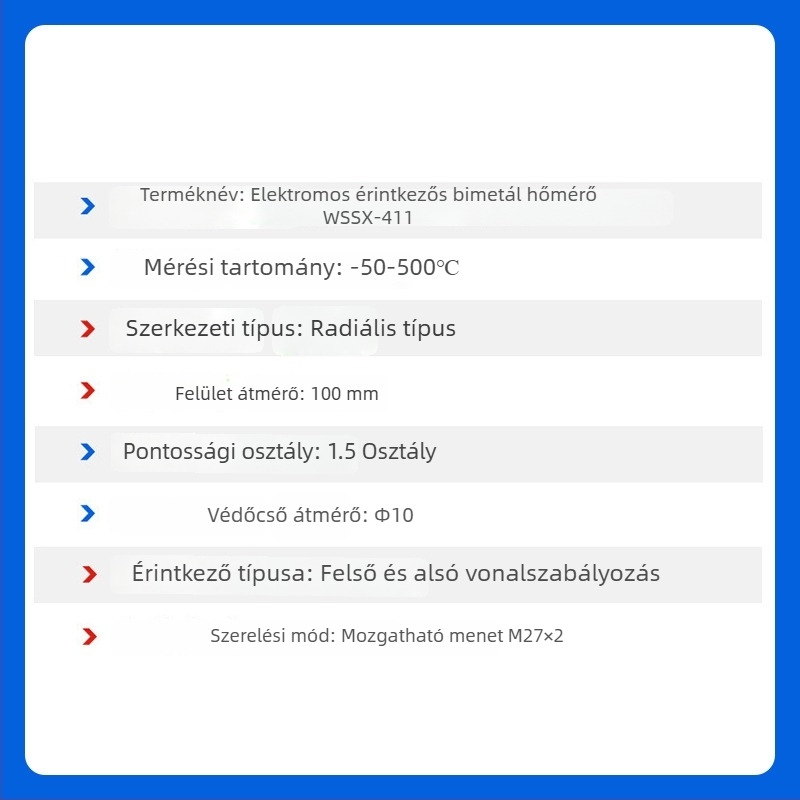 WSSX-411 elektromos érintkezéses bimetall hőmérő ipari berendezésekhez, hőmérséklet-szabályozás