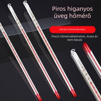 Vörös folyadékú higanyos hőmérő, belső használatra; háztartási és ipari felhasználás, laboratóriumi és akváriumi.