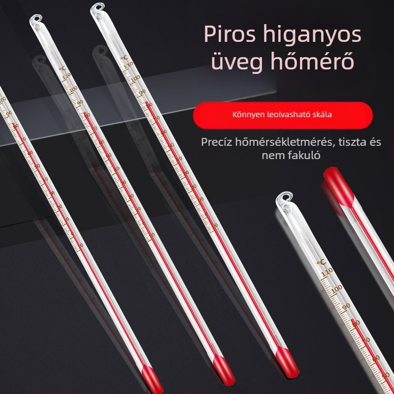 Vörös folyadékú higanyos hőmérő, belső használatra; háztartási és ipari felhasználás, laboratóriumi és akváriumi.
