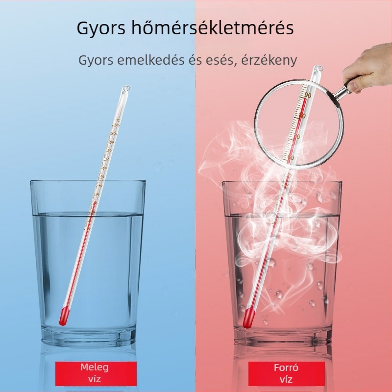 Vörös folyadékú higanyos hőmérő, belső használatra; háztartási és ipari felhasználás, laboratóriumi és akváriumi.