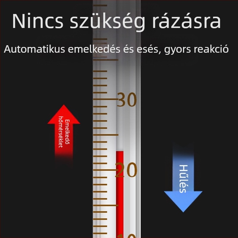 Vörös folyadékú higanyos hőmérő, belső használatra; háztartási és ipari felhasználás, laboratóriumi és akváriumi.
