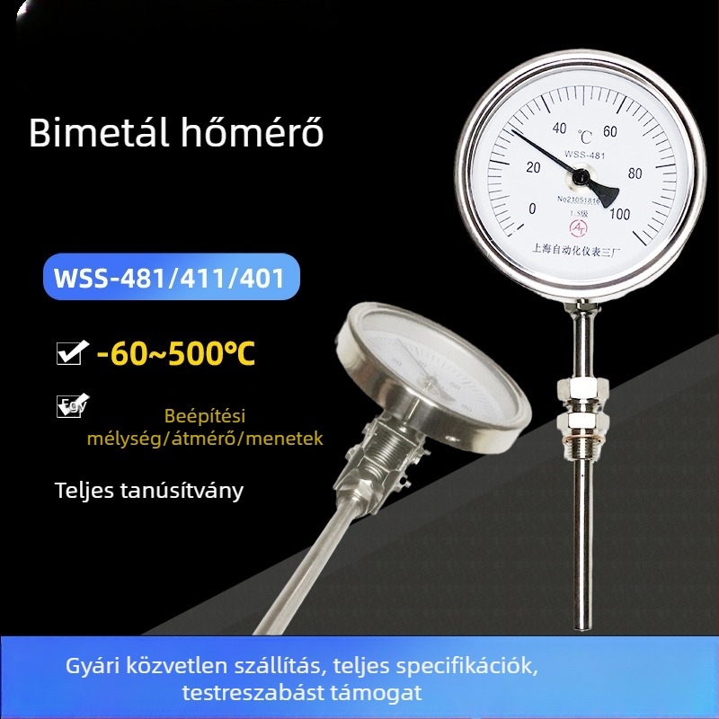 Távoli bimetál hőmérő WSSP/K-481 rozsdamentes acél ipari csövekhez — hőmérséklet és páratartalom mérő