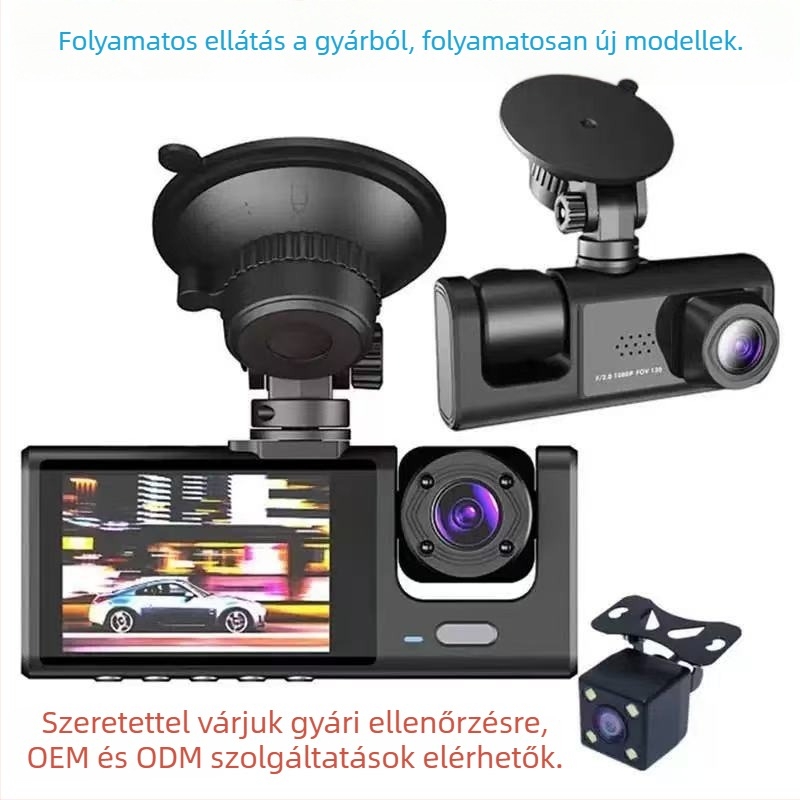 2 hüvelykes autós dashkamera három kamerával és három lencsével, 1080p, belső és külső felvétel, Wi-Fi megfigyelés
