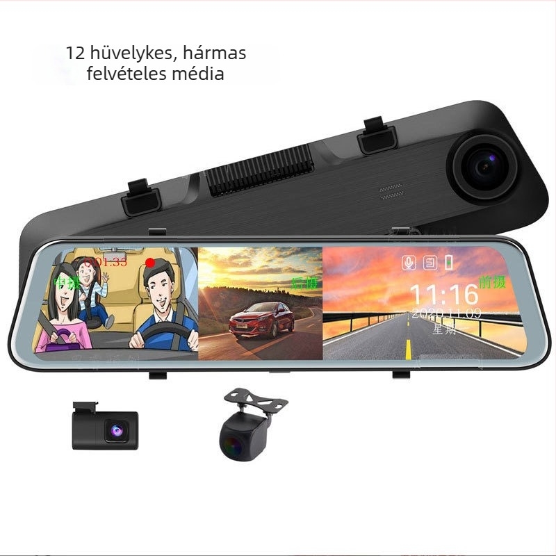 12 hüvelykes dash kamera, streaming média, 1080p éjszakai látás, hátsó tükör, elöl és hátul videó, 24 órás parkolási felügyelet