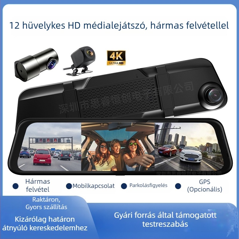 12 hüvelykes dash kamera, streaming média, 1080p éjszakai látás, hátsó tükör, elöl és hátul videó, 24 órás parkolási felügyelet