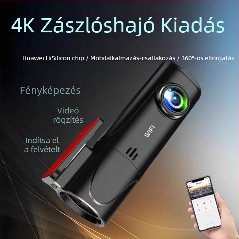 4K HD autós DVR WiFi-vel, parkolási megfigyelés, első szélvédőre szerelve, kijelző nélkül, 140° látómező
