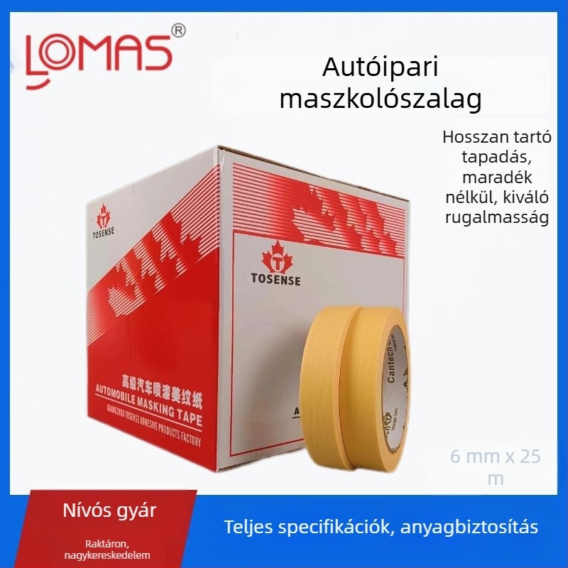 Sárga magas viskozitású maszkoló szalag autófestéshez, texturált papíralapú ragasztóval, ragasztó nyom nélküli, 25 m hosszú, szélességek 10/15/20/30 mm.