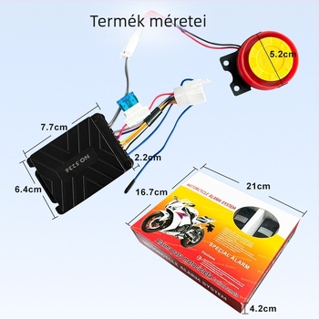 Motorkerékpárriasztó rendszer indítás/megállítás funkcióval, kettős villogás, jármű helymeghatározó, vízálló, kábelek vágása elleni védelem, kétfémes távirányító