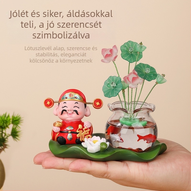 Kínai stílusú kreatív Bőség Istene koi hallal a lotuszleveles alapú tárgy – dekoratív készlet otthoni bejárathoz, íróasztalhoz és autóhoz